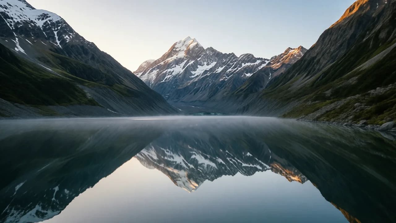 A serene alpine lake at dawn, snow-capped peaks reflected in the still water
