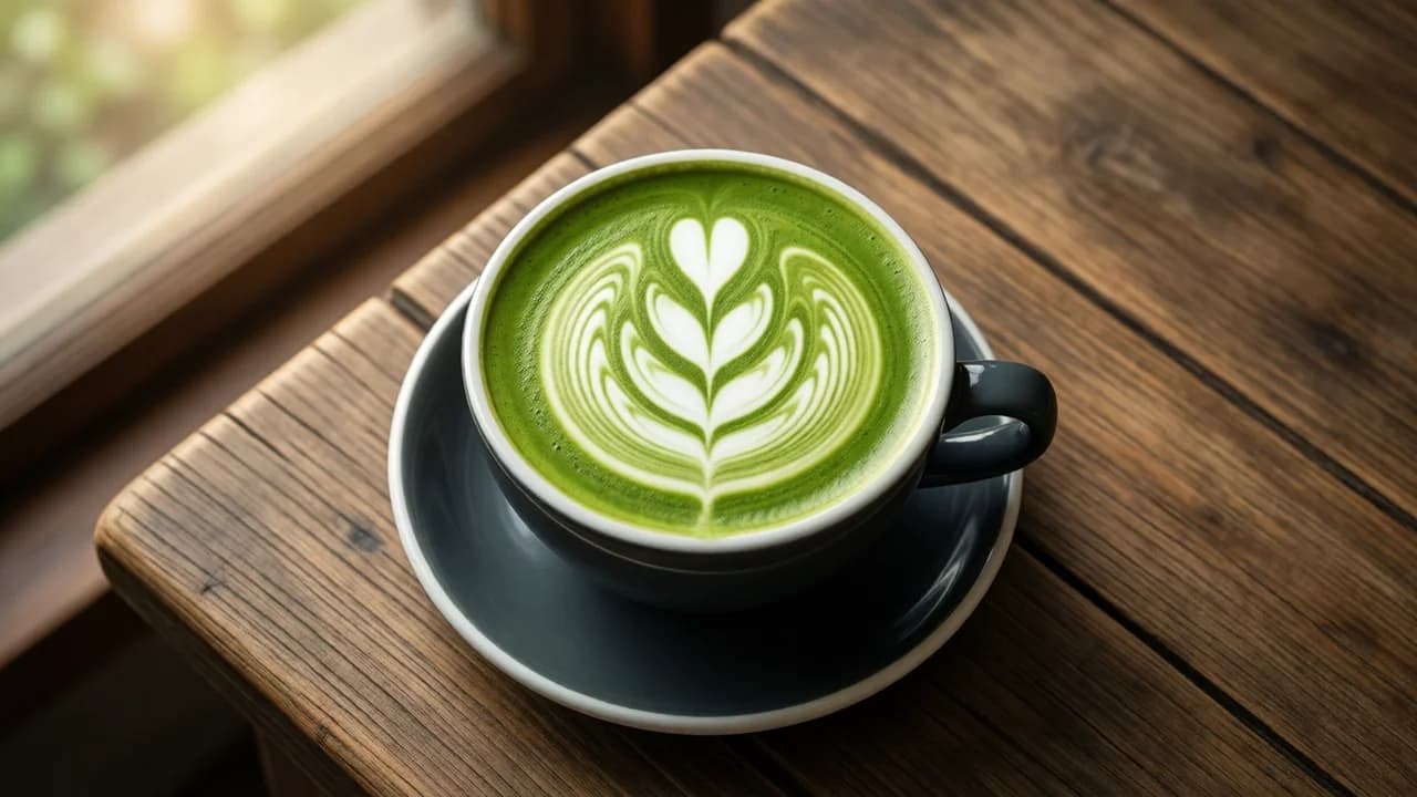 Overhead shot of a matcha latte with latte art on a rustic wooden table