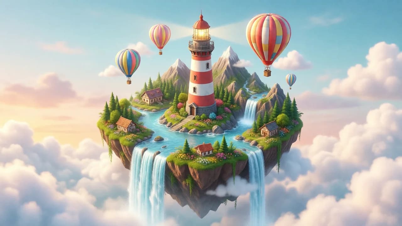 Isometric illustration of a floating island with a lighthouse and hot air balloons